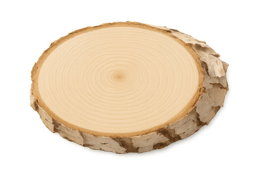 Tree slice showing annual growth rings and natural bark texture, wooden cross-section on transparent background