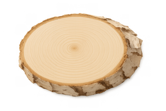 Tree slice showing annual growth rings and natural bark texture, wooden cross-section on transparent background