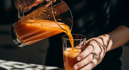 Pouring vibrant orange juice from a glass pitcher into a clear glass