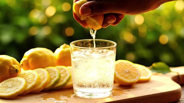 Fresh Lemon Sparkling Water &ndash; Hand Squeezing Citrus into Iced Drink Outdoors with Natural Light
