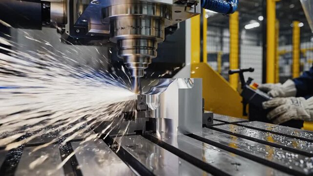 Metalworking machine cutting and shaping a metal block with sparks flying in a factory environment showcasing precision manufacturing and industrial technology at work
