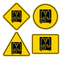 Warning Signs Featuring 3D Printer Icons in Various Shapes and Designs