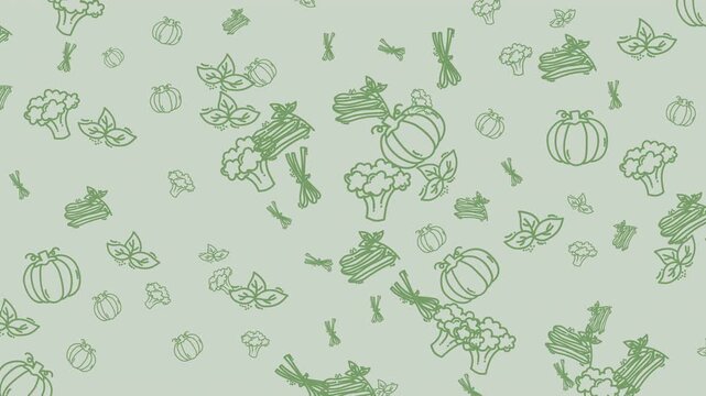 Seamless pattern animation of hand-drawn vegetables. Floating pumpkins, broccoli, and herbs on a green background