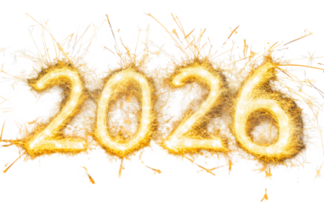 2026 New Year text in golden sparkler style with festive fireworks on transparent background