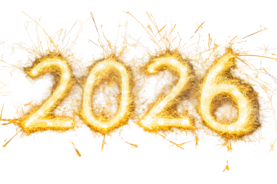 2026 New Year text in golden sparkler style with festive fireworks on transparent background