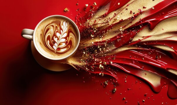 Artistic coffee cup with latte art on vibrant red background