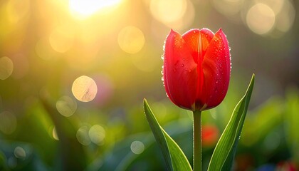 Vibrant Red Tulip Captures the Essence of Morning, Radiating Beauty and Natural Elegance