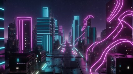 Neon city with glowing buildings and lights in a futuristic cityscape. - Powered by Adobe