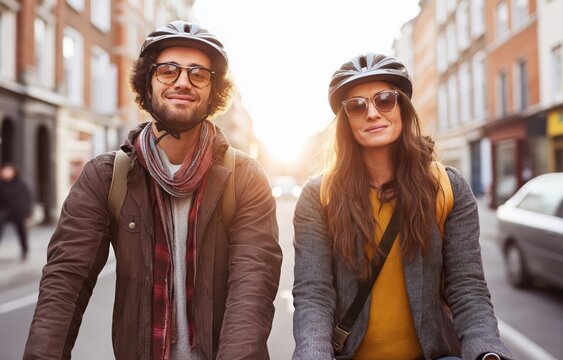 Young couple commute by bicycle through city streets on a bright, eco-friendly morning - Powered by Adobe