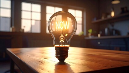 Illuminated Light Bulb with 'Now' Inscription Symbolizing Time and Opportunity