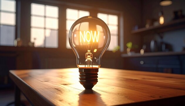 Illuminated Light Bulb with 'Now' Inscription Symbolizing Time and Opportunity