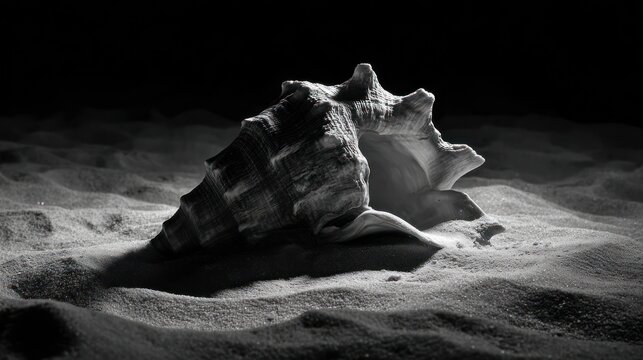 Monochrome seashell nestled in textured sand, illuminated dramatically