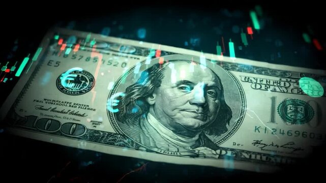 Close up of a 100 dollar bill with the stock market indicators 