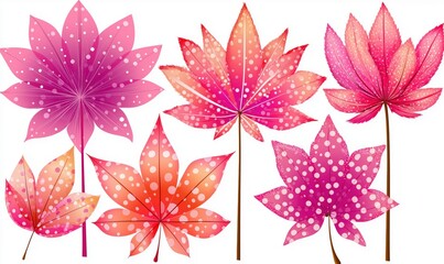 Collection of brightly colored maple leaves with polka dots, ideal for background use or decorative purposes
