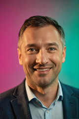 Fototapeta premium A smiling man in a dark suit and light blue shirt against a vibrant pink and teal gradient background, captured in a professional studio portrait.