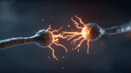 Two neurons are shown in a close up, with one of them having a red glow