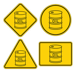 Set of Warning Signs Featuring Oil Barrel Icons in Yellow Formats