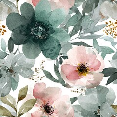 Naklejka premium Delicate watercolor flower seamless pattern with pink and teal blooms and green leaves. Botanical background for textile, fabric, wallpaper, or print.
