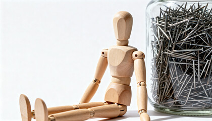 Wooden mannequin sitting beside a glass jar filled with metal nails on a white background