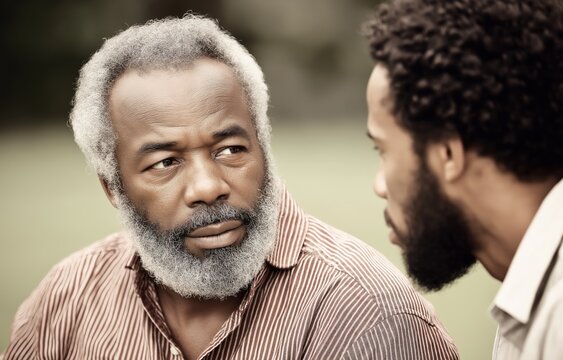 Mentorship in a peaceful park setting, older man guides young man through heartfelt conversation