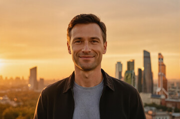 A man standing in front of a city skyline at sunset, wearing a black jacket over a gray shirt with modern skyscrapers and warm golden light in the background.