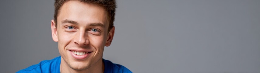 Fototapeta premium Serene simplicity: the fresh look of a smiling young man in minimalist style. Rule thirds. Portrait of a young guy in a blue shirt against a gray canvas of simplicity. Blank background.