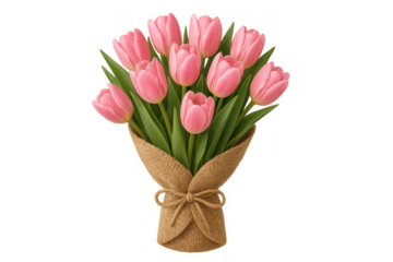 Pink tulips bouquet wrapped in rustic burlap, symbolizing spring, romance, and giving joy on transparent background