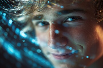 Radiant smile in nature: capturing joy in a single frame. Technology progress. Cheerful young man outdoors with a light breeze and subtle lighting. Ai evolution. Digital intelligence.