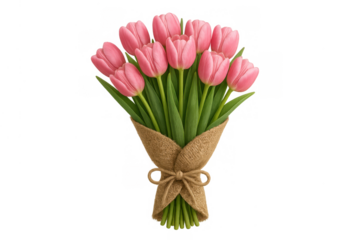 Pink tulips bouquet wrapped in rustic burlap and twine, presenting a charming spring gift with transparent background