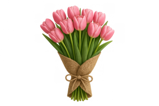 Pink tulips bouquet wrapped in rustic burlap and twine, presenting a charming spring gift with transparent background