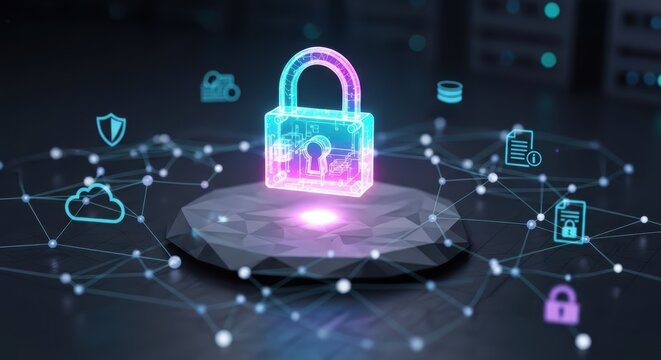 Glowing padlock on a geometric platform surrounded by cloud and data icons in a network setting - Powered by Adobe
