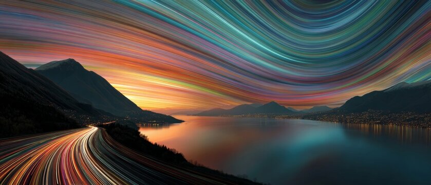 Aerial harmony: vibrant sunset over coastal highway. Communication network. Horseshoe bay's highway: a play of shadows and sunset hues. Social networking. Digital communication. - Powered by Adobe