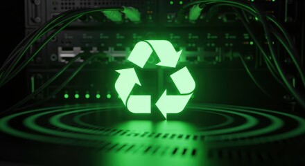 Obraz premium Green recycling symbol illuminated in front of server racks and network cables in a dark environment