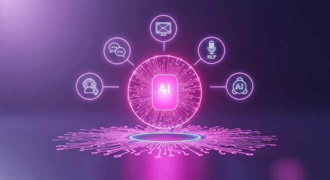 Glowing ai chip with communication icons in a purple futuristic technological environment illustration