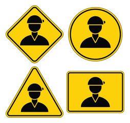 Set of Hazard Warning Signs Featuring Worker in Safety Helmet Design