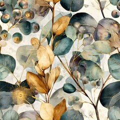 Obraz premium Watercolor botanical seamless pattern with eucalyptus leaves. Floral design for textile, wallpaper, wedding invitation, wrapping paper, fabric.