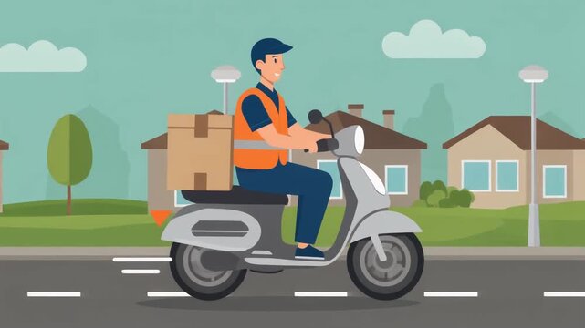 Delivery man on scooter with package in a neighborhood.