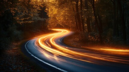 Winding Forest Road with Golden Light Trails at Dusk