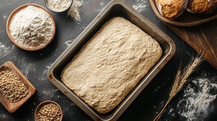 Freshly Baked Bread Dough Rising in Baking Pan