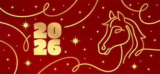 2026 Chinese Year Horse Pattern. Vector Zodiac Calendar Gold Symbol on Red Background. Modern Gradient Line Horse Illustration.