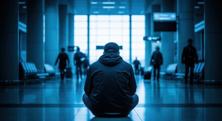 A man sits cross legged in an airport terminal with people walking in the background in a blue tone