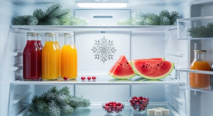 A refrigerator filled with juice bottles watermelon slices and christmas decorations on shelves inside it