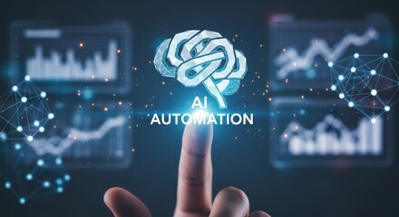 Finger touching ai automation with brain icon and data charts on a futuristic interface screen display