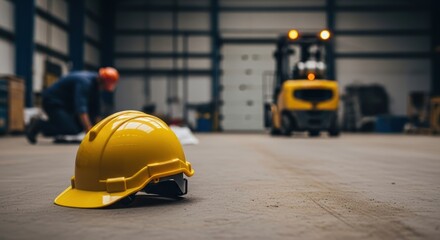 A yellow hard hat on the floor of a warehouse with a forklift and worker in the background blurred out