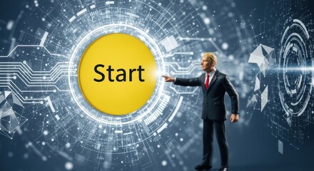 Man in suit pointing at a yellow start button with digital interface and abstract geometric shapes