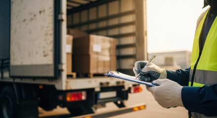 Worker with clipboard inspecting cargo in truck for delivery and signing off on the shipment manifest
