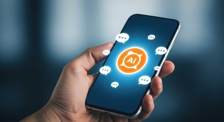 A hand holds a smartphone with an ai symbol and speech bubbles on the screen against a blurred background