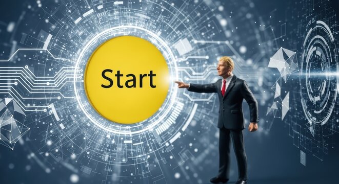 Man in suit pointing at a yellow start button with digital interface and abstract geometric shapes - Powered by Adobe