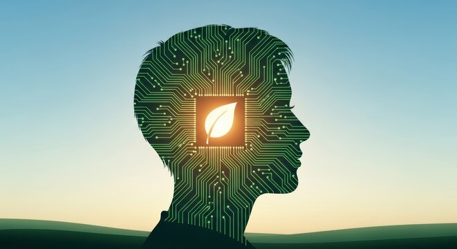 Silhouette of a head with a circuit board pattern and a leaf in the center against a gradient sky
