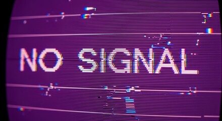 Purple screen displaying the words no signal with digital glitch effects and horizontal lines pattern